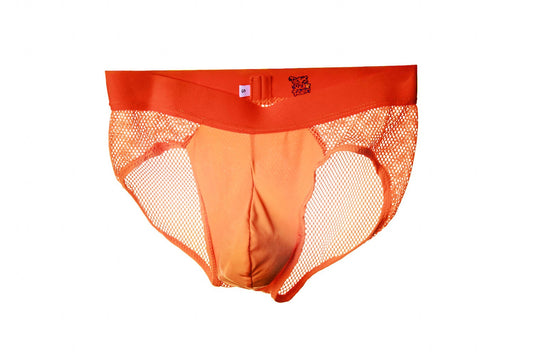 Bright orange men's briefs featuring a solid orange waistband and orange mesh side panels, shown against a plain white background.