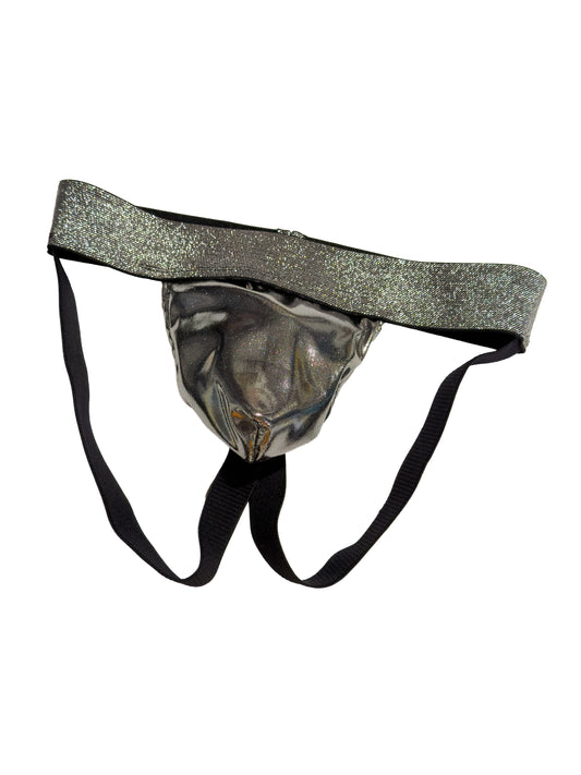 A novelty black and metallic silver thong with a glittery silver waistband and black straps, shown against a plain white background.