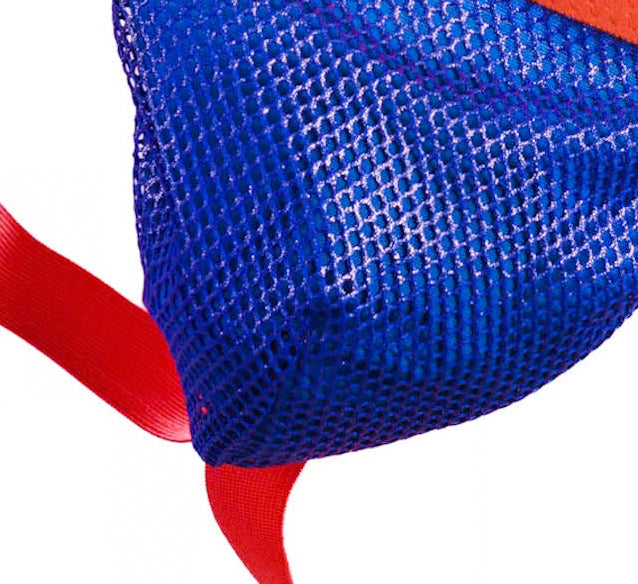A men's jockstrap featuring a bright blue mesh pouch and a wide red waistband and straps, shown against a plain white background.