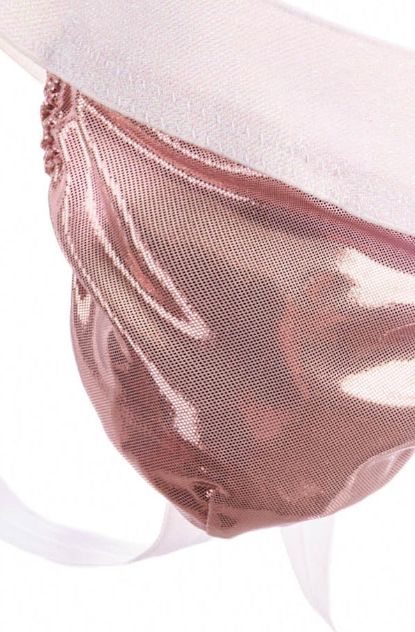A shiny metallic rose gold pouch with a wide white elastic waistband and white straps, shown on a plain white background.