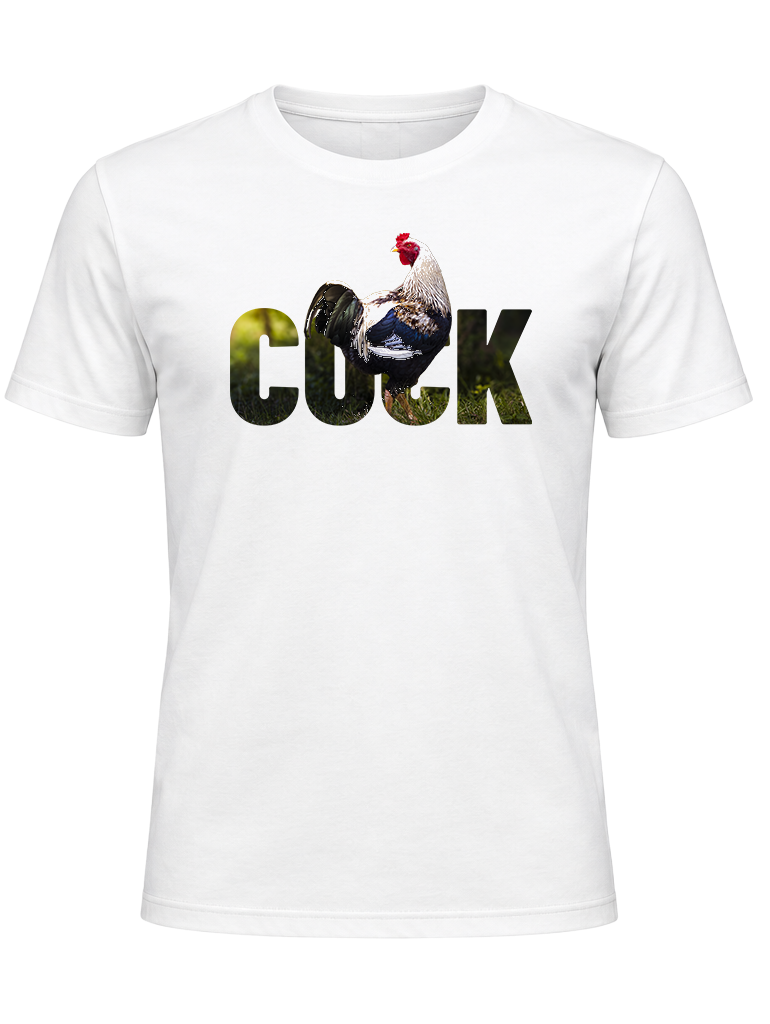 A white short-sleeve crewneck t-shirt featuring a graphic print of the word 'COCK' in a camouflage pattern with a live rooster superimposed over the letters.