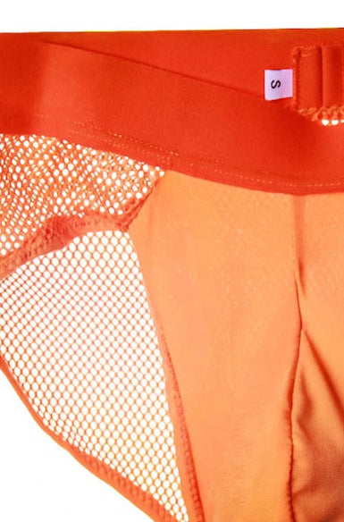Bright orange men's briefs featuring a solid orange waistband and orange mesh side panels, shown against a plain white background.