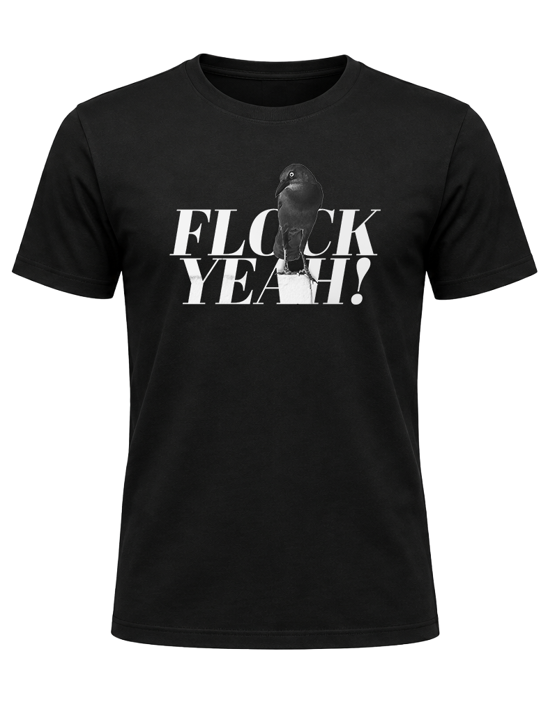 A black short-sleeve crewneck t-shirt with a graphic print on the front. The graphic features the text 'FLOCK YEAH!' in bold white letters, with a black-and-white photograph of a crow perched on the letter 'A'.