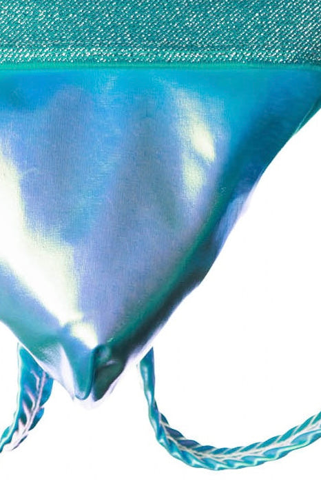A metallic teal thong with a wide glittery waistband and braided leg straps, shown against a plain white background.