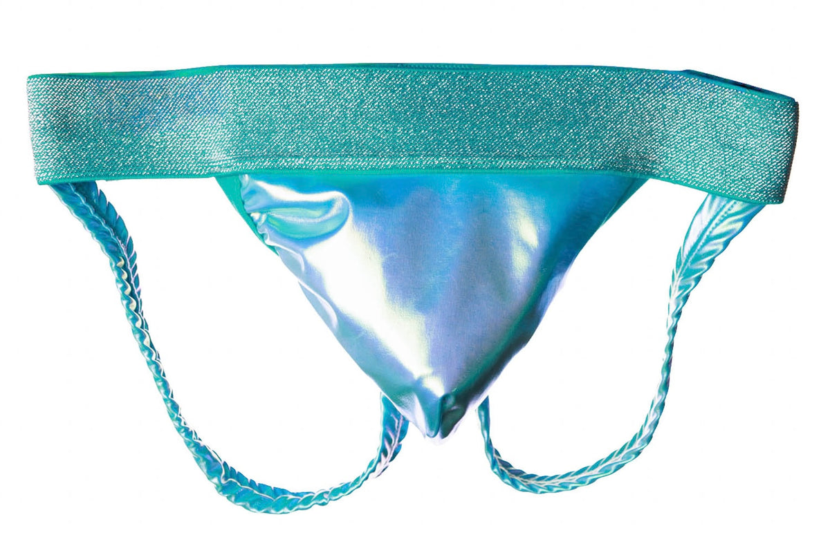 A metallic teal thong with a wide glittery waistband and braided leg straps, shown against a plain white background.