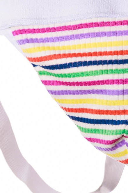 A white Jock with a colorful striped front panel featuring horizontal bands of pink, yellow, green, blue, and orange, shown against a plain white background.