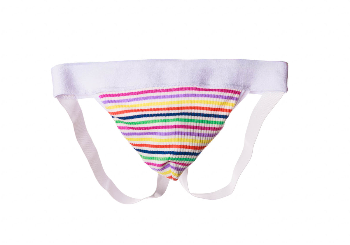 A white Jockwith a colorful striped front panel featuring horizontal bands of pink, yellow, green, blue, and orange, shown against a plain white background.
