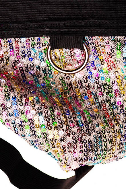 A bold rainbow sequin front brings colour, texture.