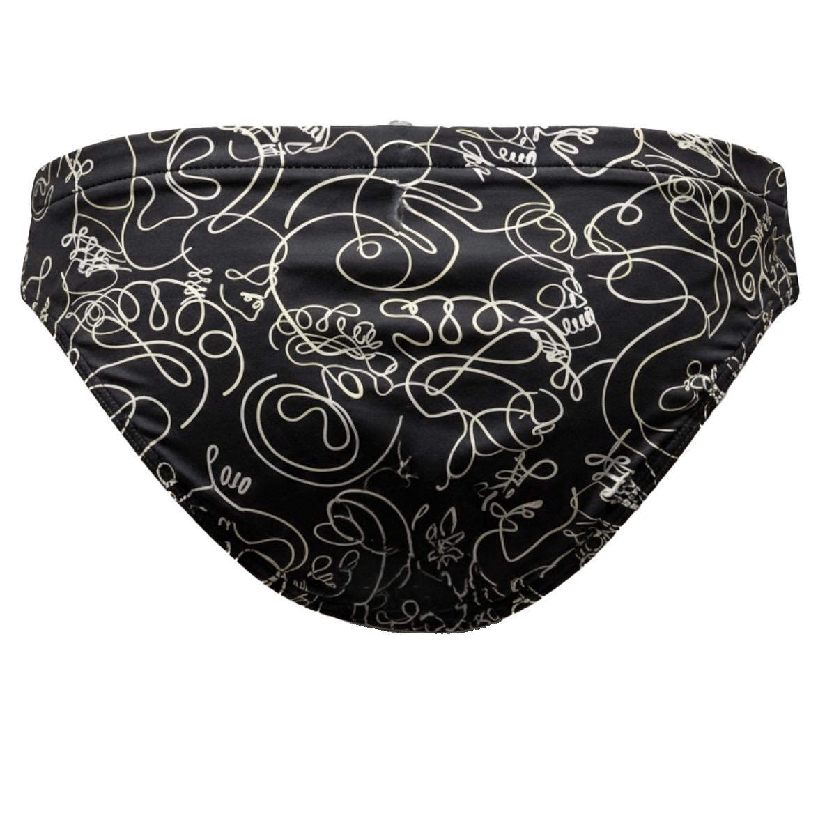 Black swim briefs featuring an all-over white continuous line art pattern of skulls, snakes, and abstract doodles, shown against a plain white background.