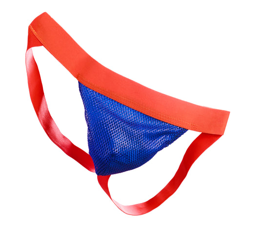 A men's novelty jockstrap featuring a bright red waistband and straps, paired with a blue mesh pouch, shown against a plain white background.