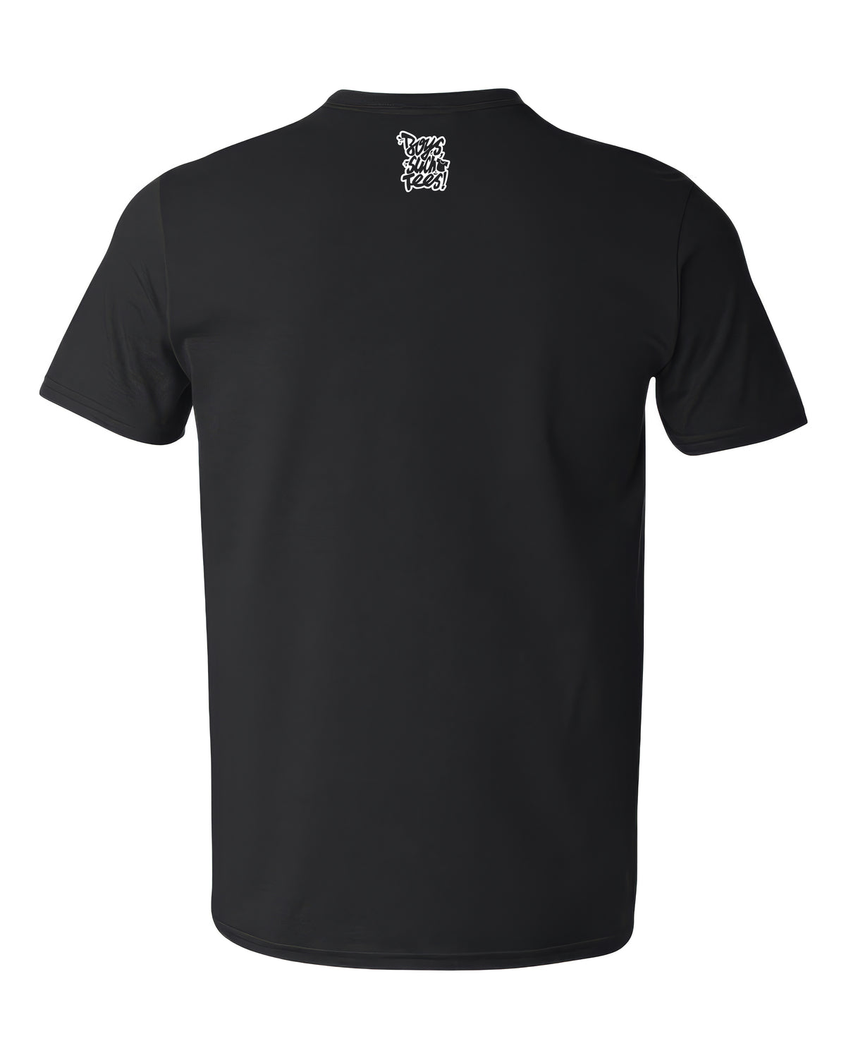 Black t-shirt on a white background with logo