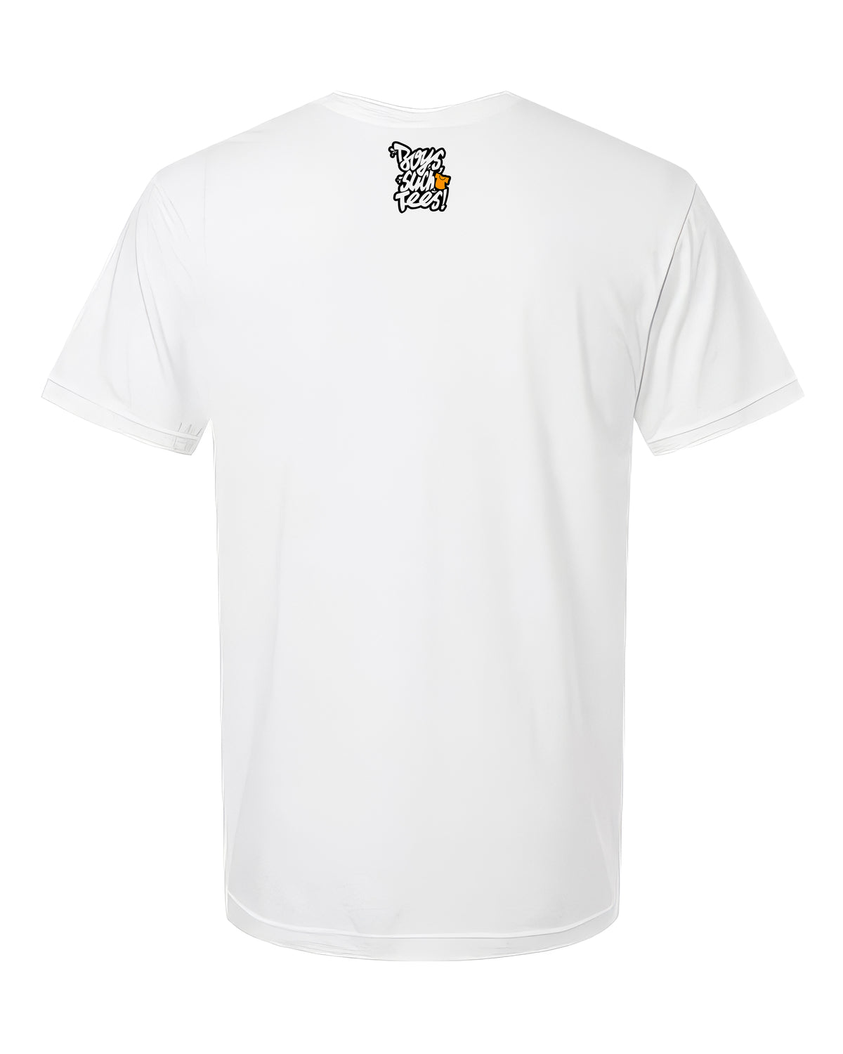 A white short-sleeve crewneck t-shirt shown from the back, featuring a small black and white graphic with a yellow accent near the upper center back.